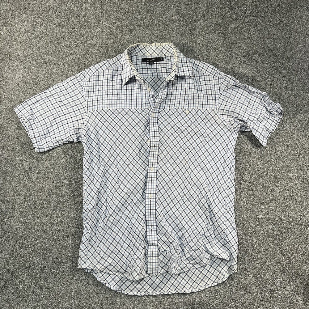 Sean John Mens XL Plaid Button Up Shirt Blue White 100% Cotton Short Sleeve